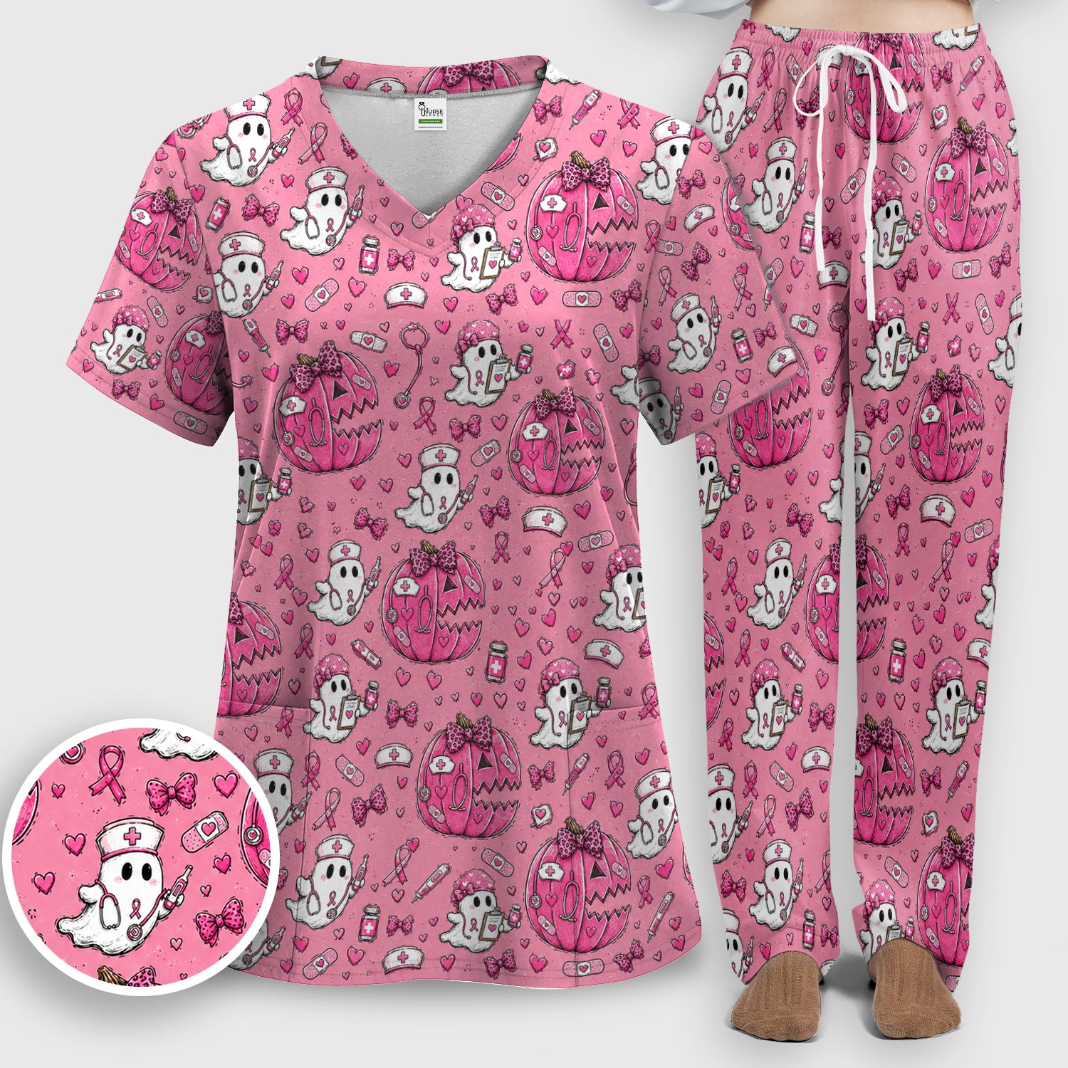 Pink Ribbon Ghost Pattern Scrub Set, Scrub Pants and V Neck Top