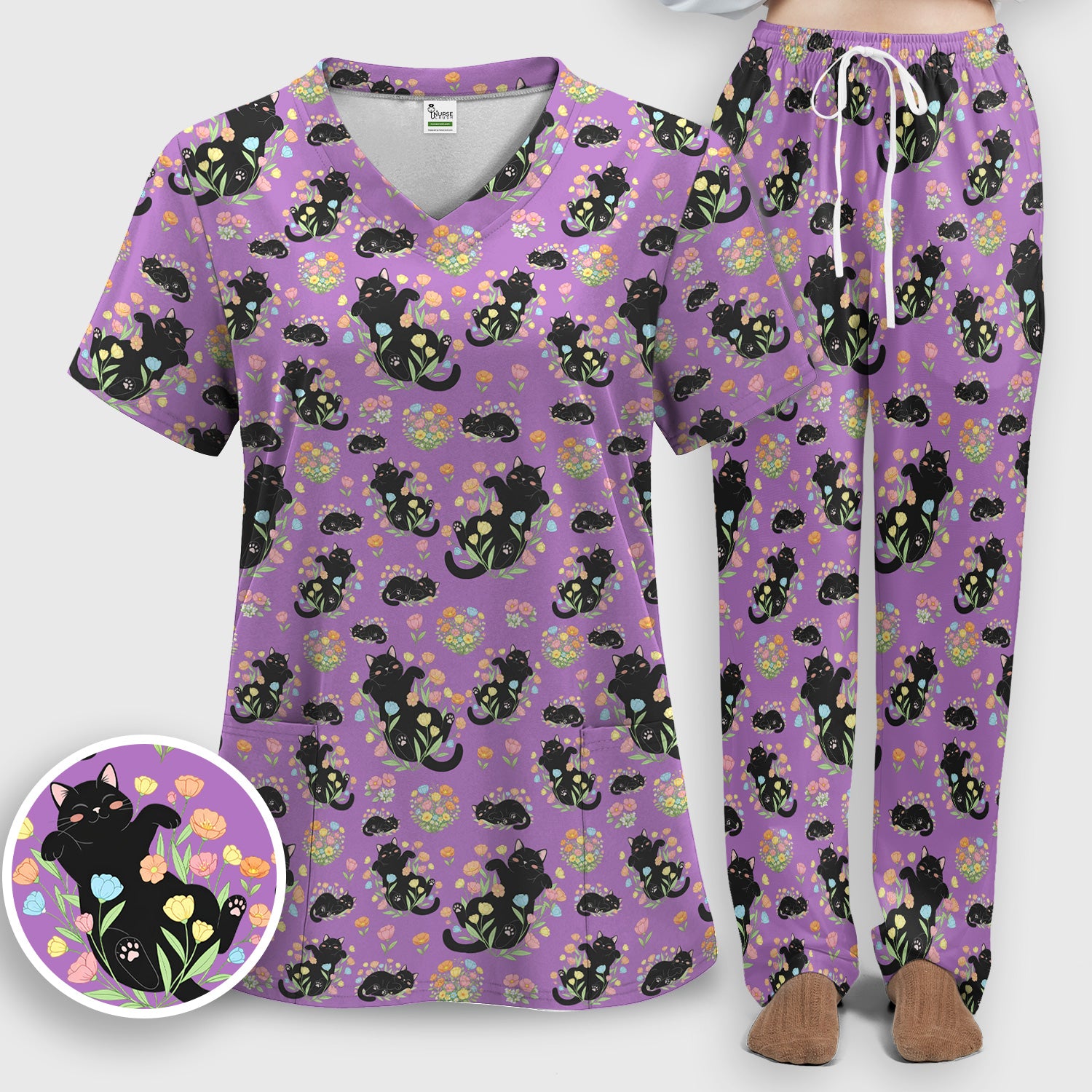 Cats With Cute Poses Floral Pattern Scrubs Sets, Scrub Pants and V Neck Top
