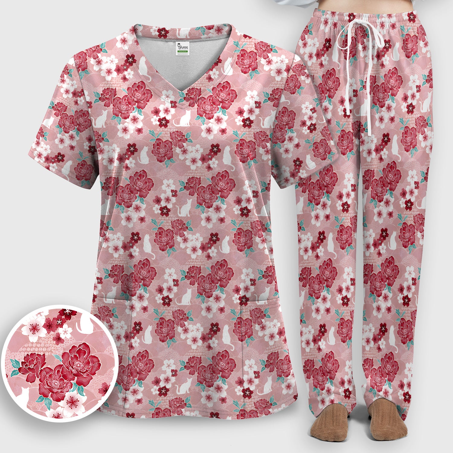 Floral White Cat Nurse Scrub Set, Scrub Pants and V Neck Top