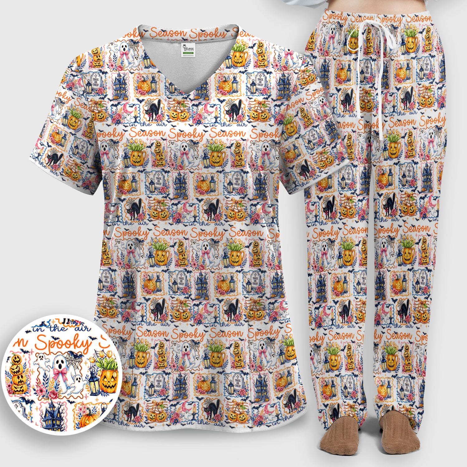 Spooky Halloween Pumpkin Ghost Pattern Scrub Set, Scrub Pants and V Neck Top