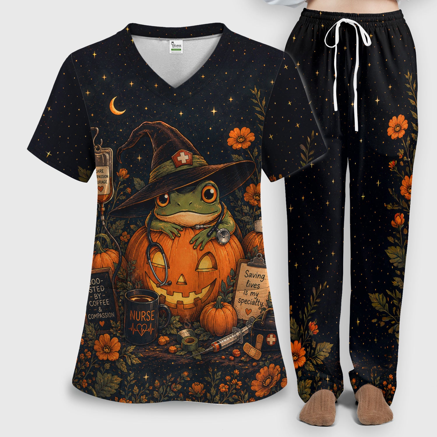 Halloween Witch Frog Pumpkin Scrub Set, Scrub Pants and V Neck Top