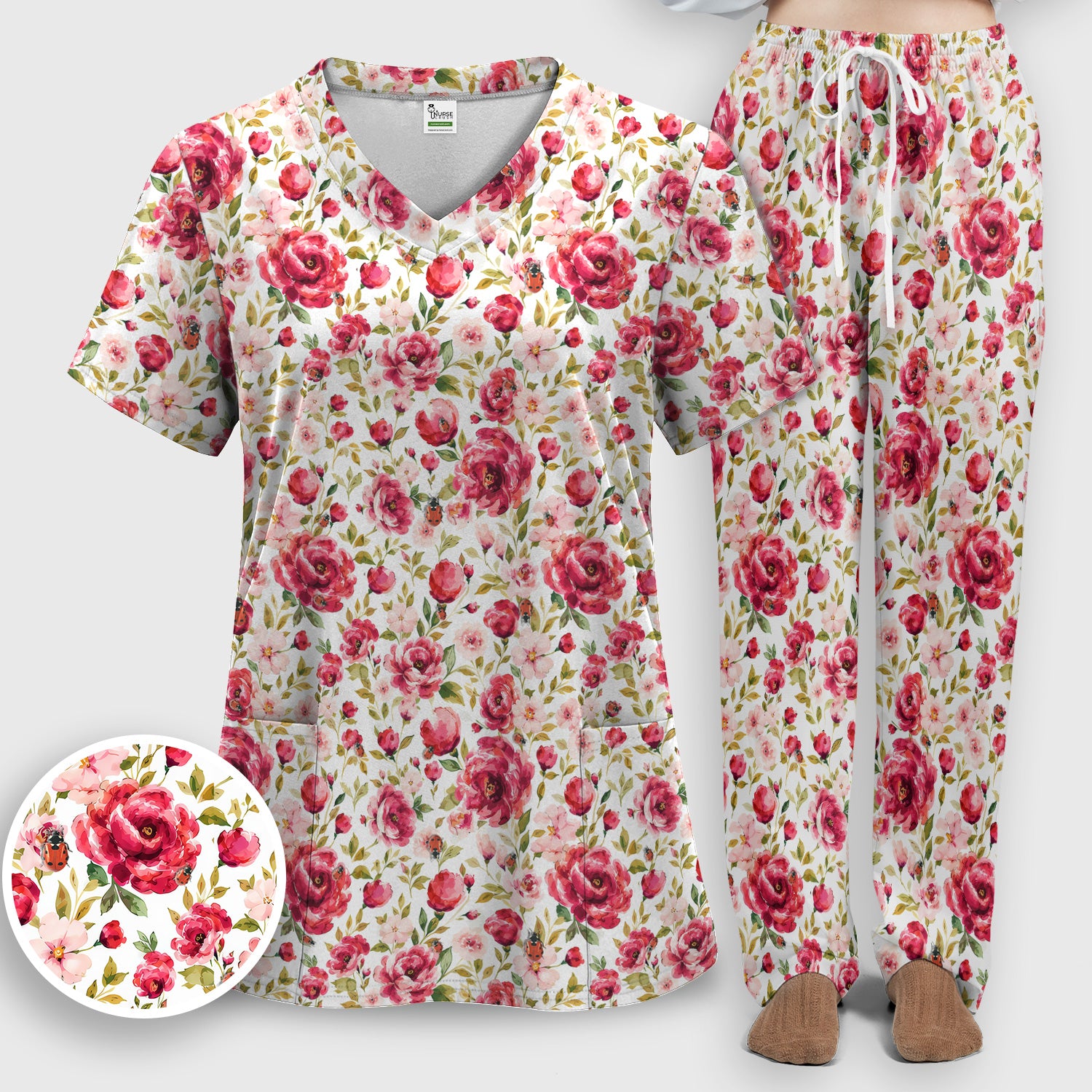 Pink Rose Ladybug Garden Pattern Scrub Set, Scrub Pants and V Neck Top