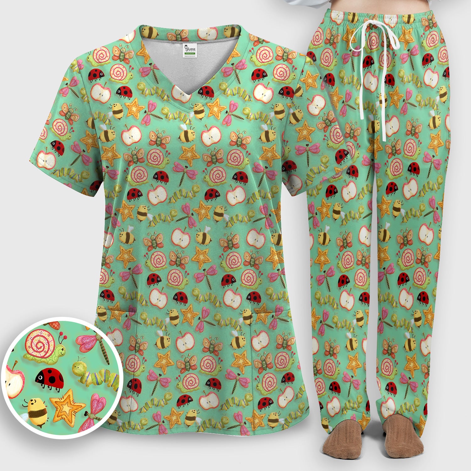 Cute Nurse Snail Ladybug Caterpillar Apple Garden Pattern Scrub Set, Breathable Med Uniform