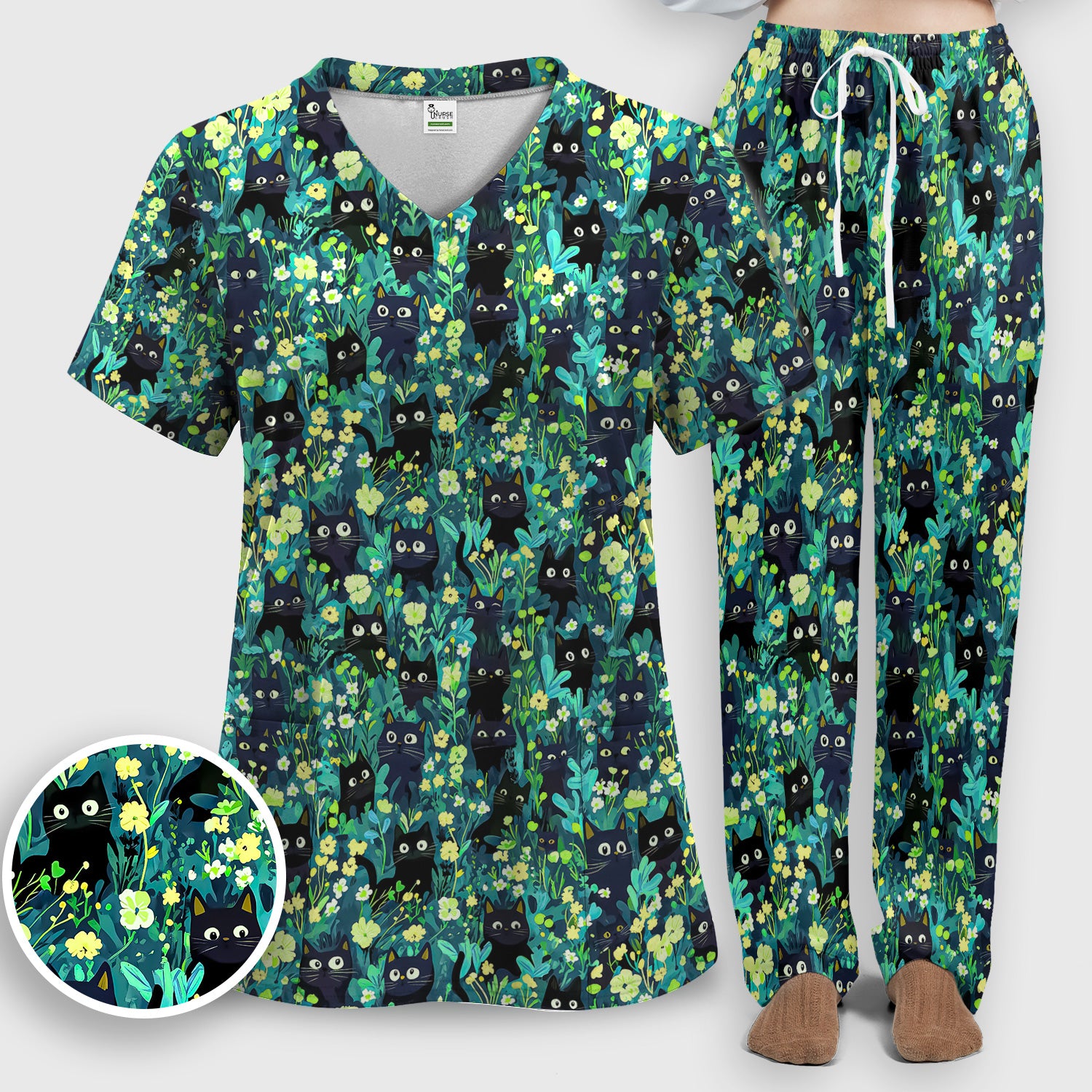 Black Cat Floral Pattern Scrub Set, Scrub Pants and V Neck Top