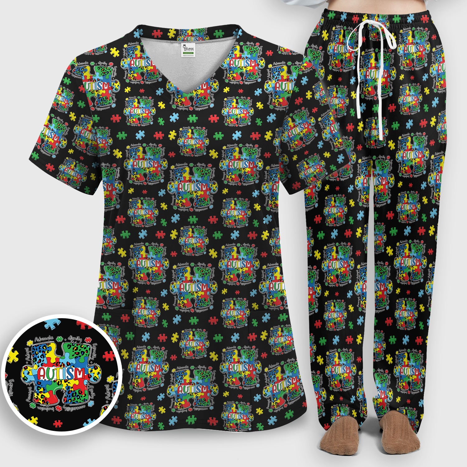 Autism Awareness Puzzle Pattern Scrub Set, Scrub Pants and V Neck Top