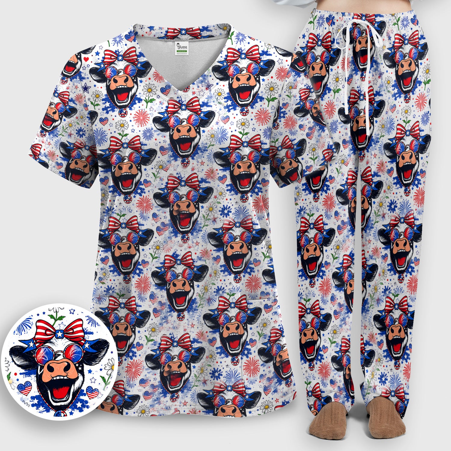 Funny Patriotic Cow Nurse Print Scrub Set, Scrub Pants and V Neck Top