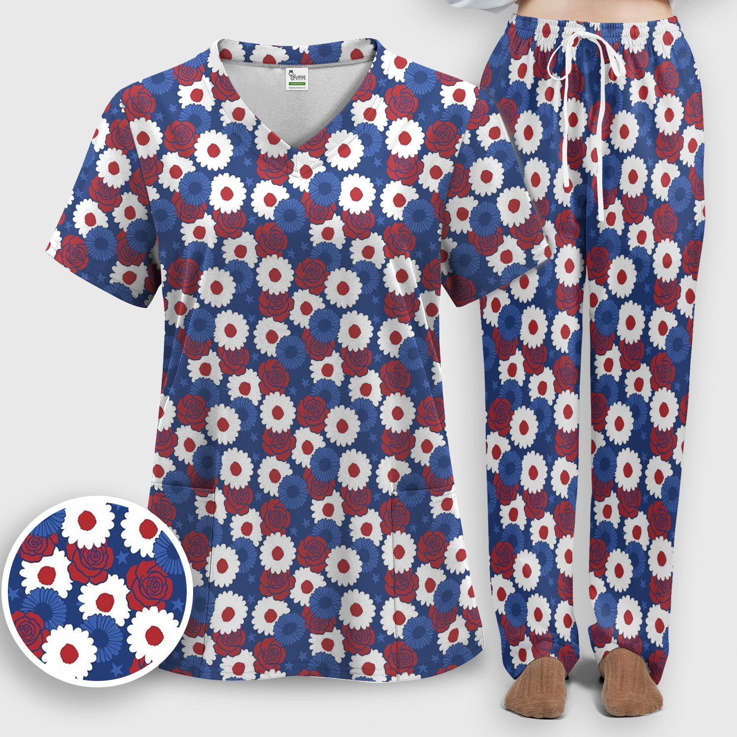 Daisy Rose Floral Pattern Scrub Set, Scrub Pants and V Neck Top