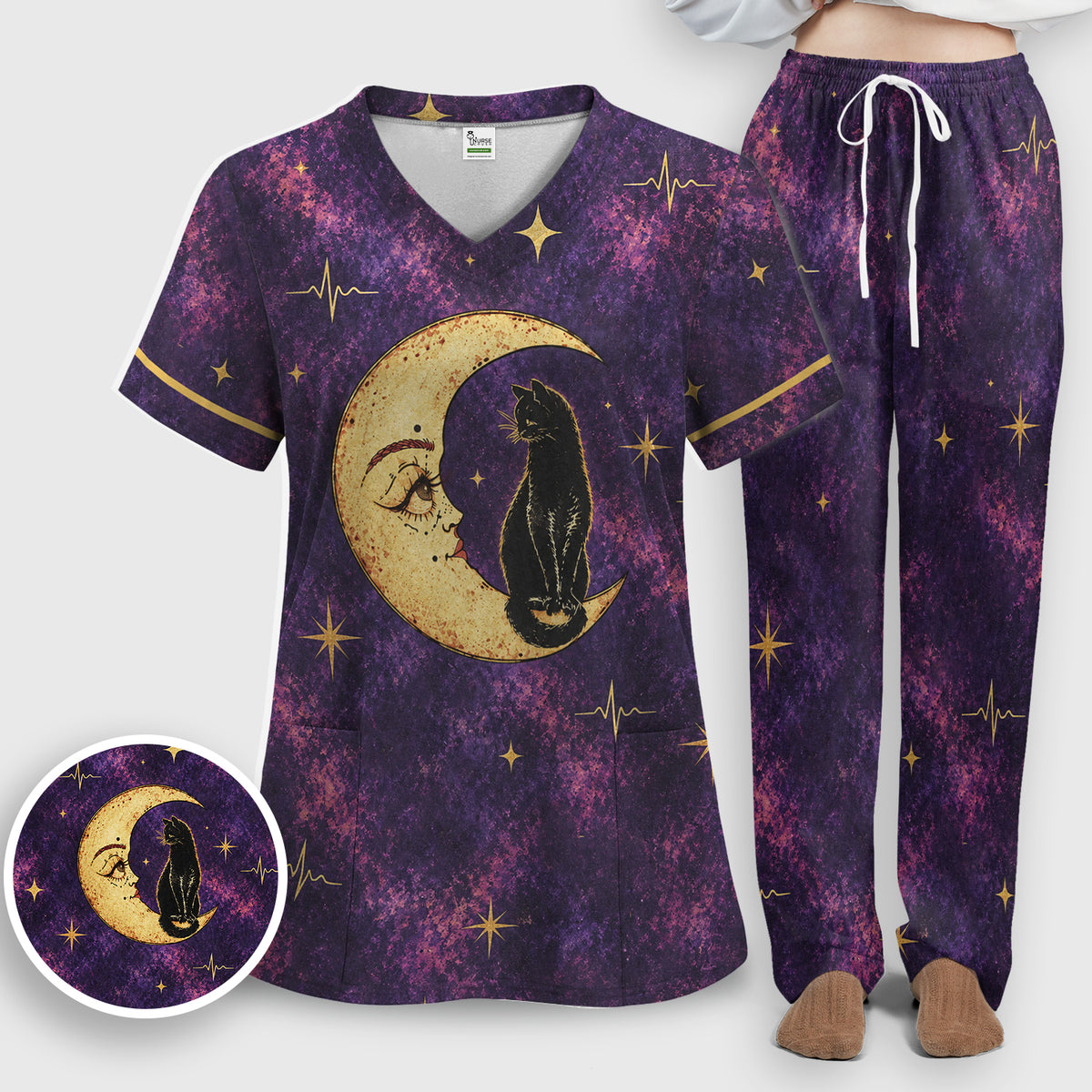 Celestial Nurse Black Cat Crescent Moon Scrub Set, Scrub Pants and V Neck Top