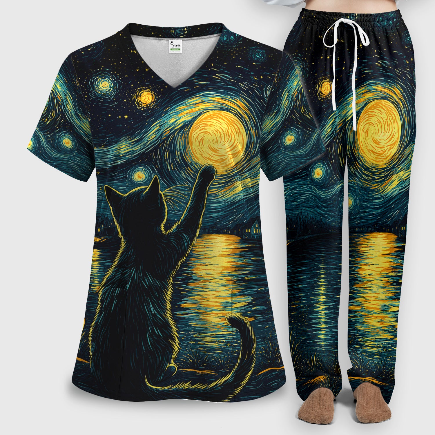 Starry Moonlit Black Cat Scrub Set, Scrub Pants and V Neck Top