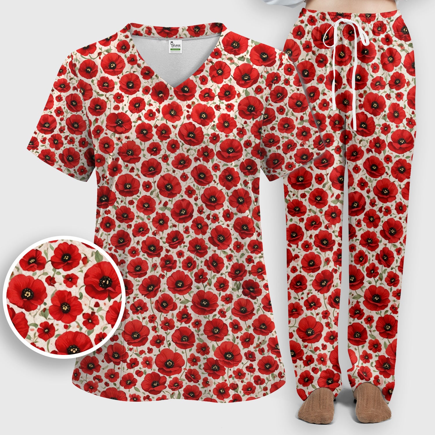 Pretty Red Poppy Flower Garden Pattern Scrub Set, Scrub Pants and V Neck Top