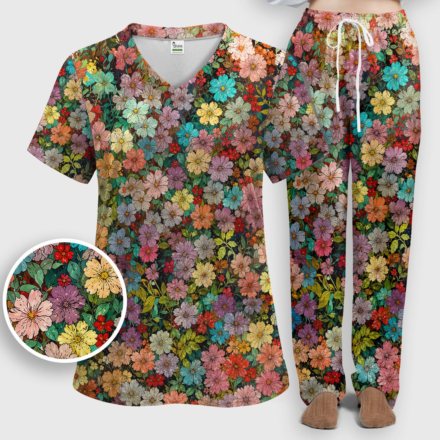 Colorful Wildflower Garden Bloom Pattern Scrub Set, Scrub Pants and V Neck Top