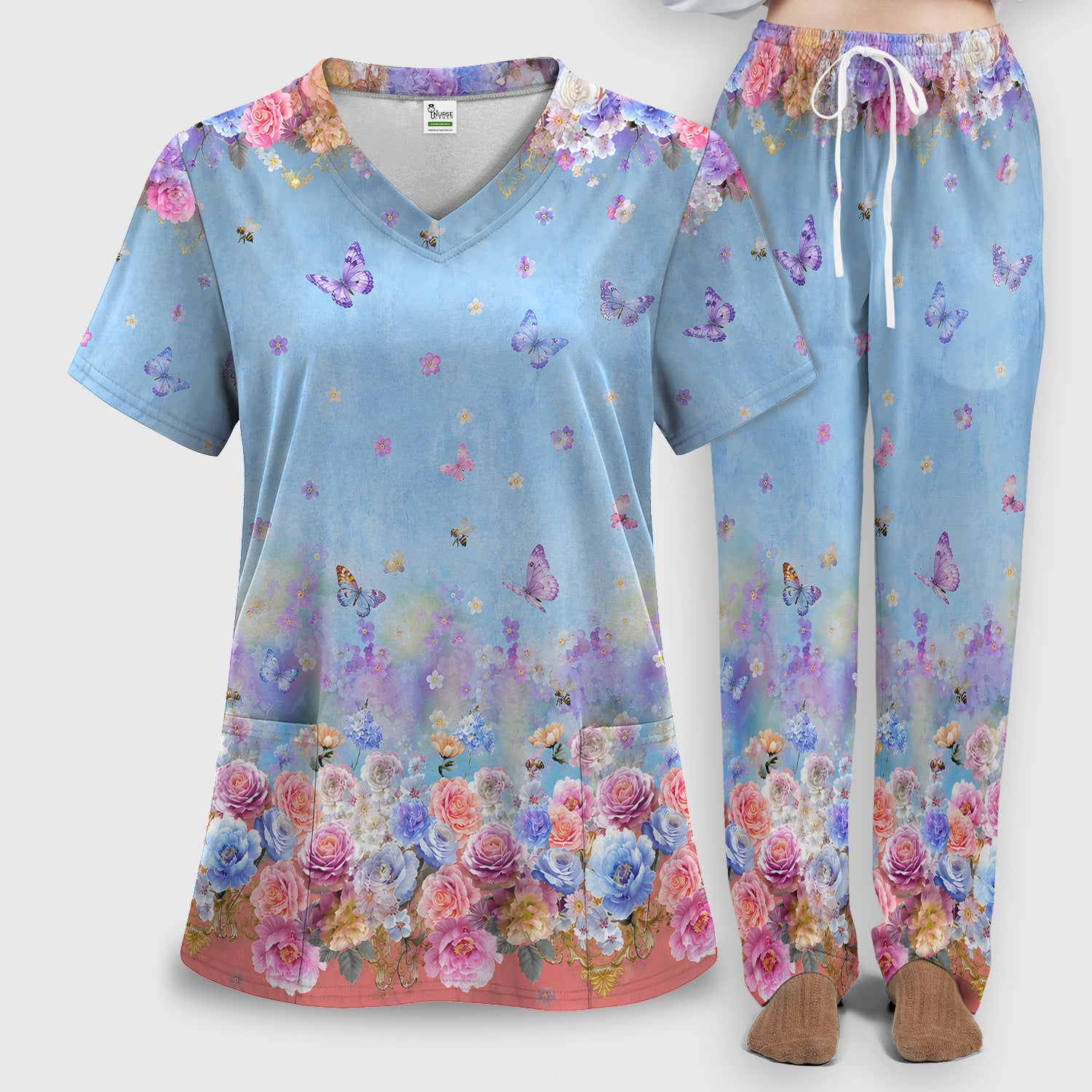 Pastel Flower Garden Print Scrub Set, Scrub Pants and V Neck Top