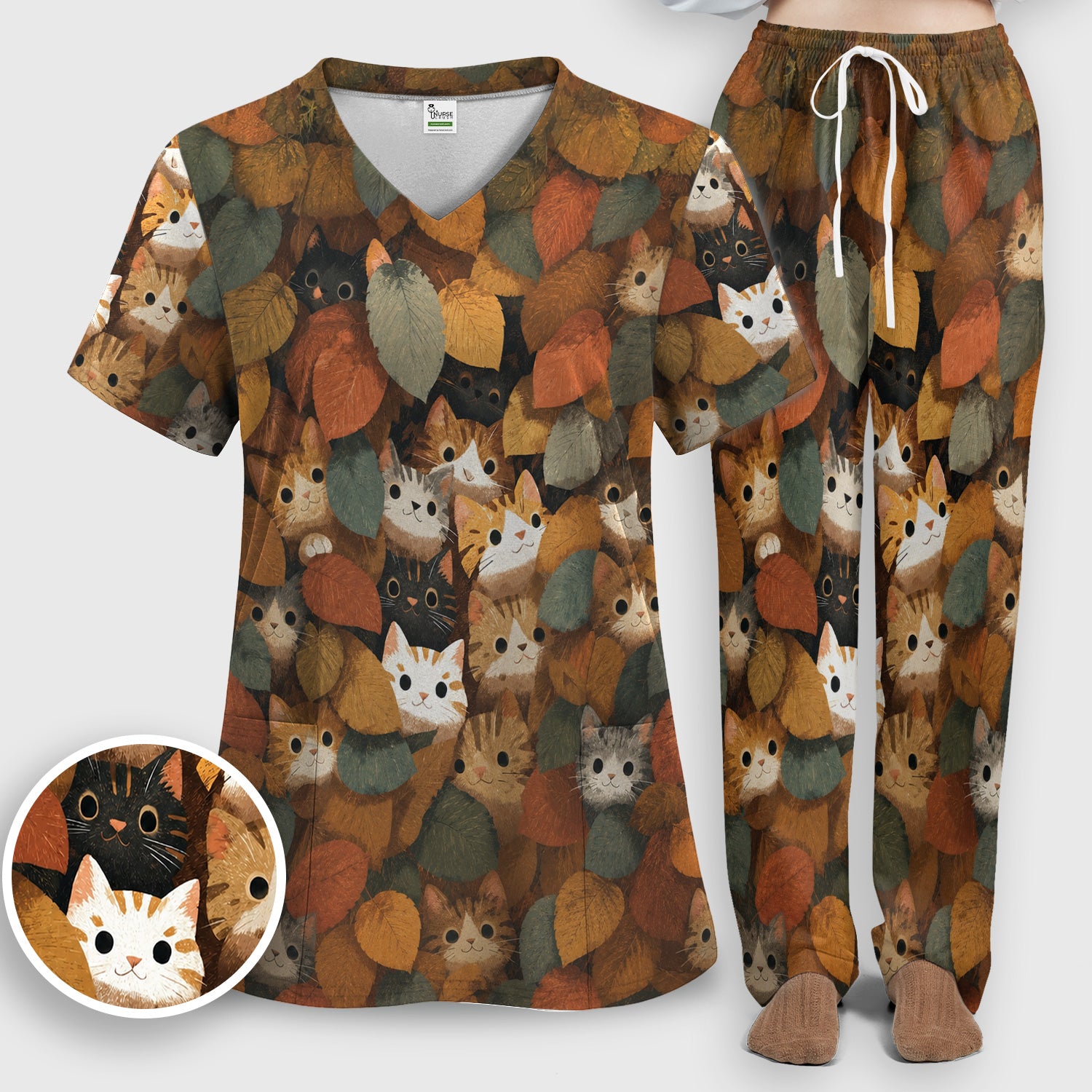 Cute Autumn Cat Leaf Pile Pattern Scrub Set, Scrub Pants and V Neck Top