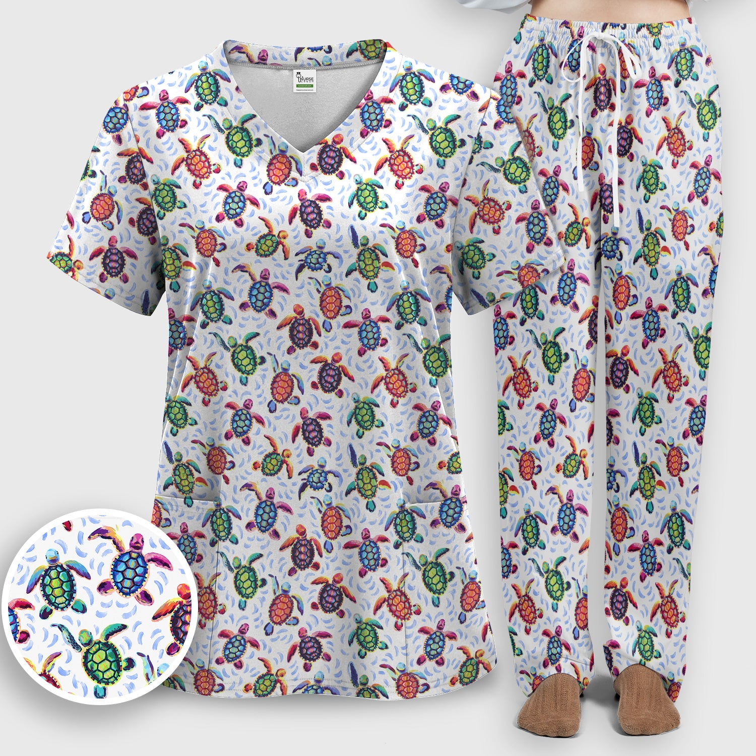 Colorful Sea Turtle Wave Pattern Scrub Set, Scrub Pants and V Neck Top