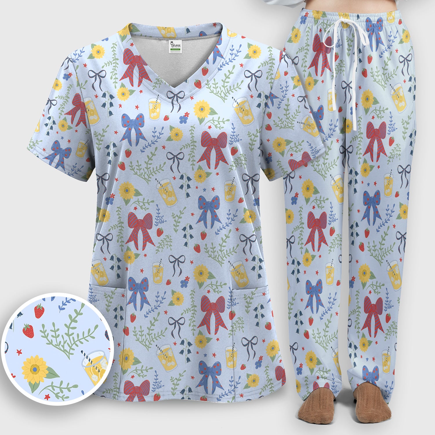 Sweet Summer Bow Nurse, Lemonade Floral Medical Scrub Set, Scrub Pants and V Neck Top