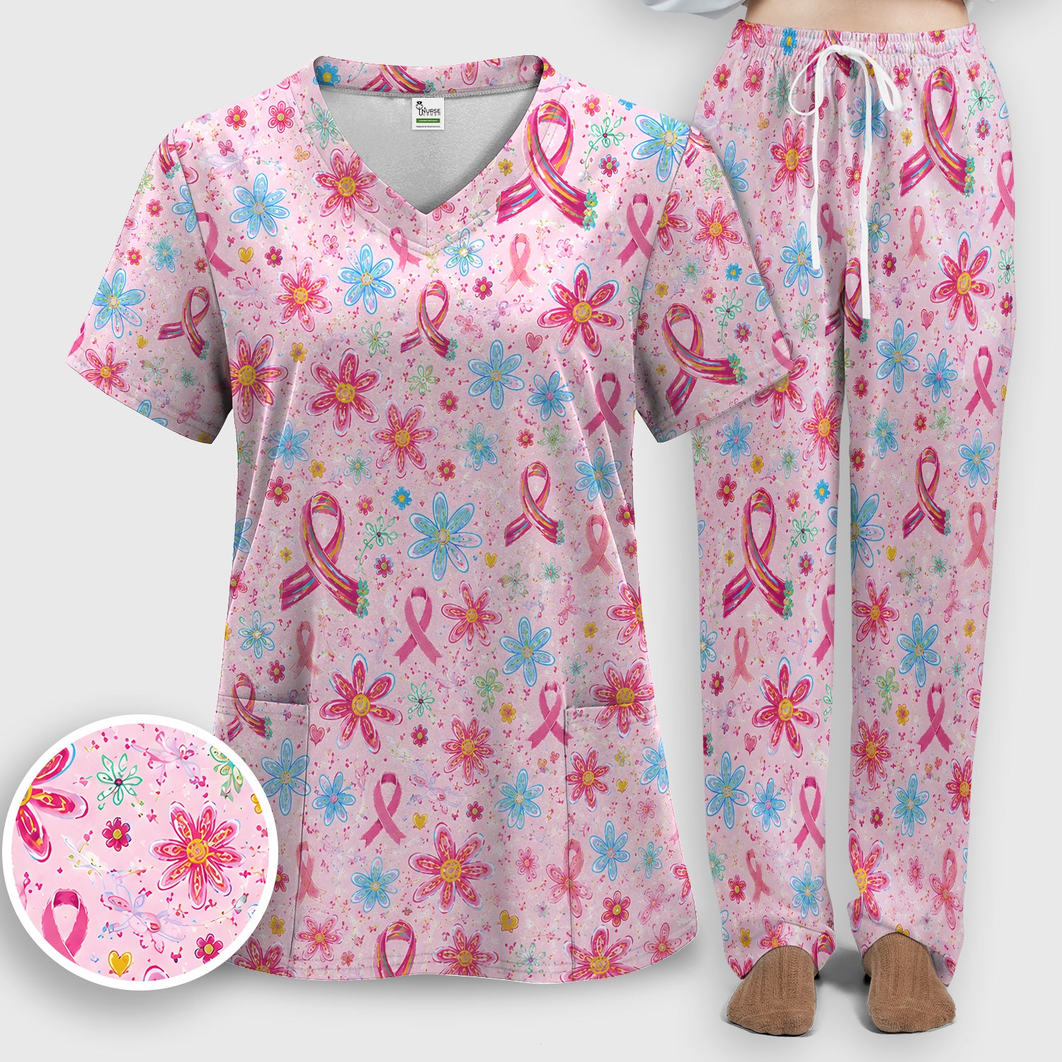 Floral Breast Cancer Awareness Print Scrub Set, Scrub Pants and V Neck Top