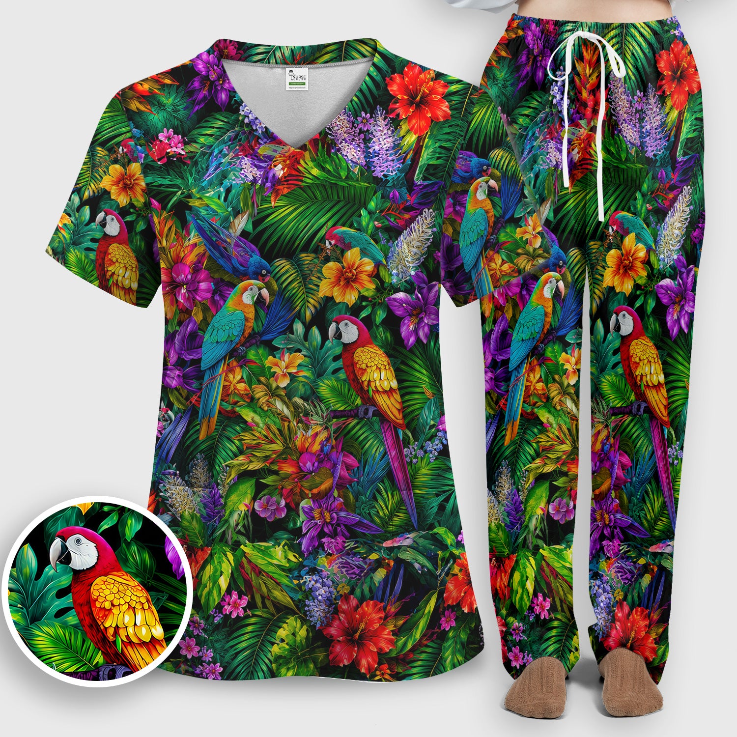 Tropical Parrot Jungle Blossom Pattern Scrub Set, Scrub Pants and V Neck Top