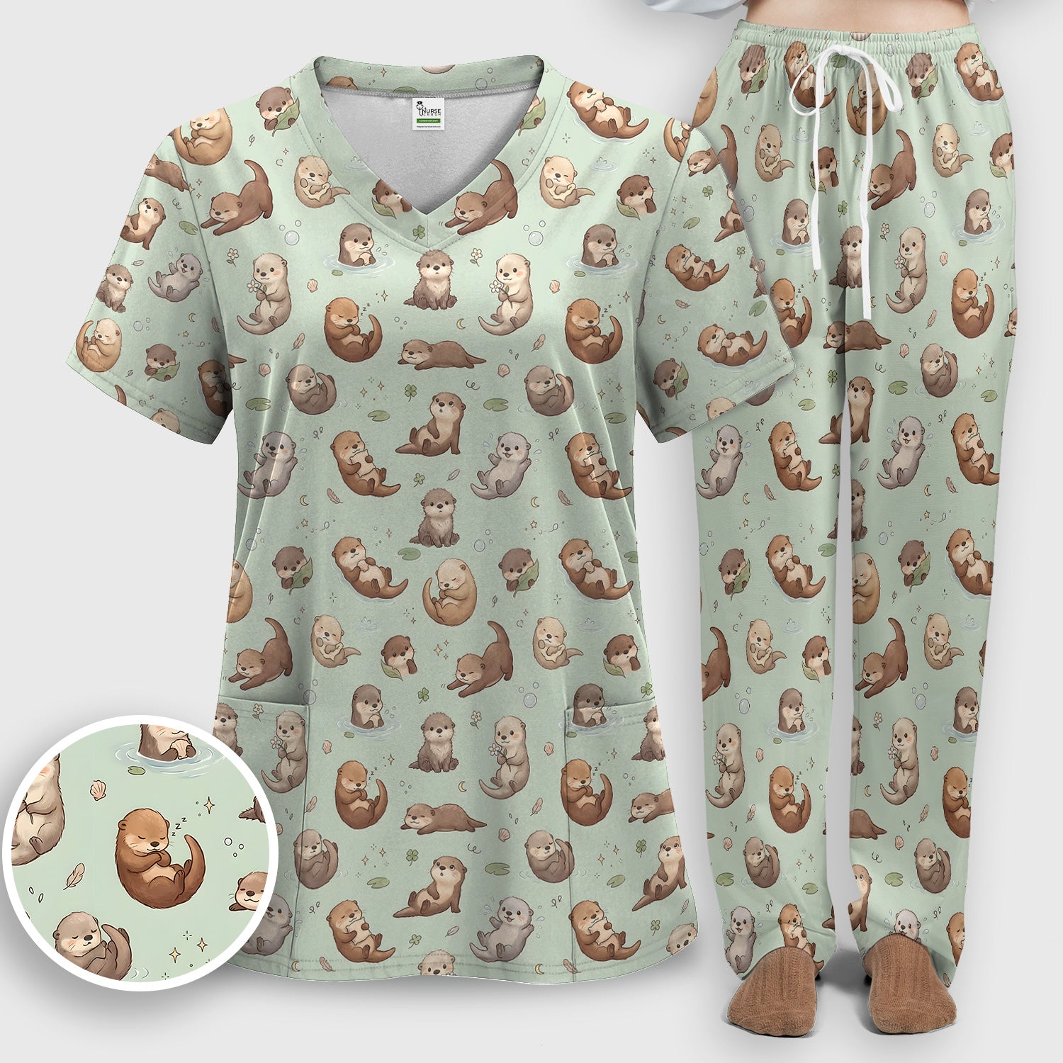 Cute Otter Pattern Scrub Set, Scrub Pants and V Neck Top