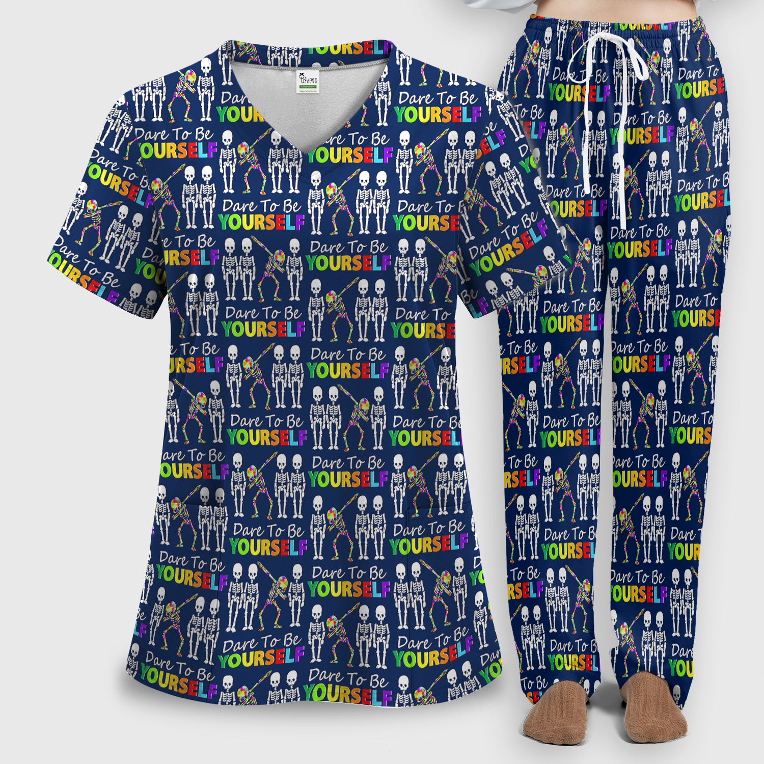 Rainbow Skeleton Dare To Be Yourself Pattern Scrub Sets, Scrub Pants and V Neck Top