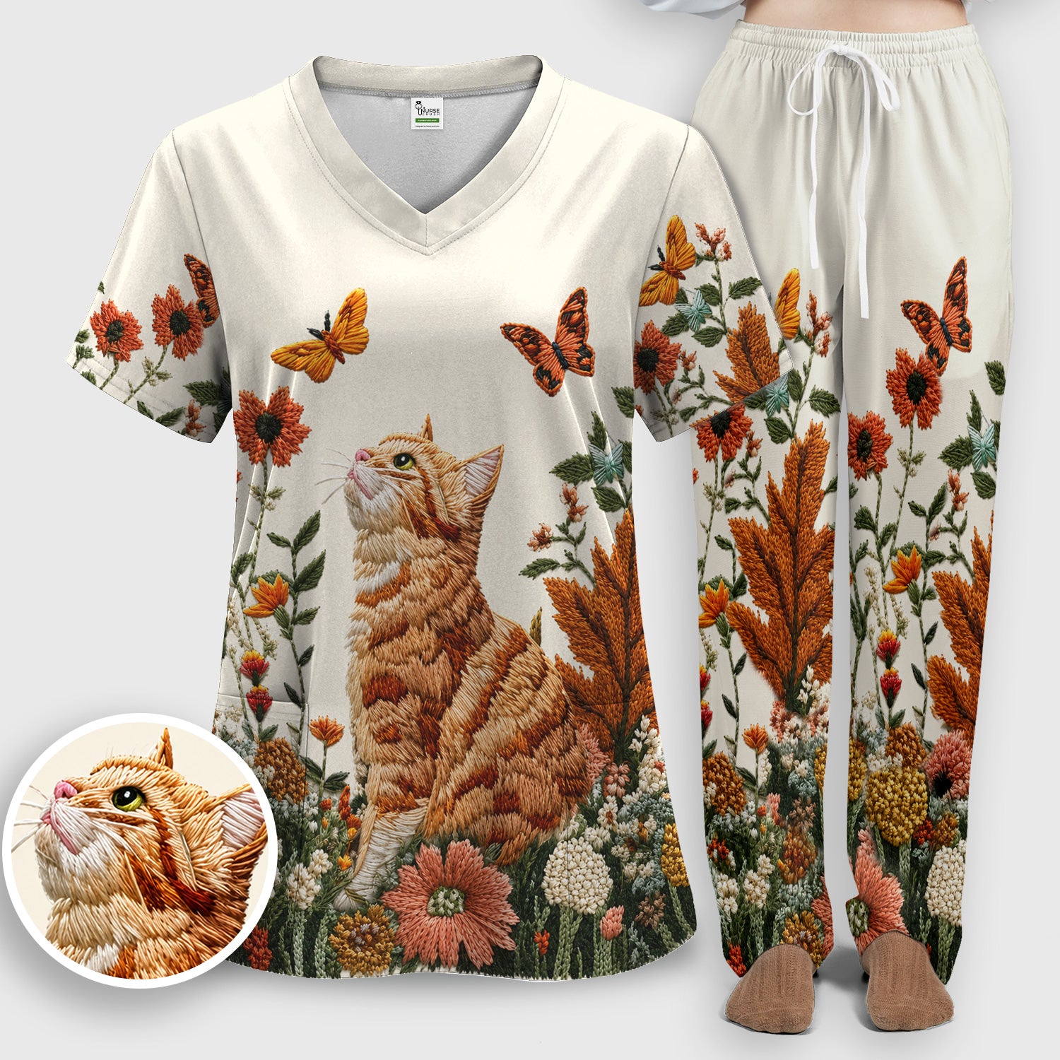 Embroidered Orange Cat Wildflower Pattern Scrub Set, Scrub Pants and V Neck Top
