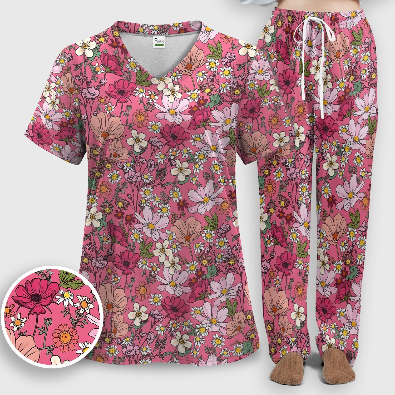 Pink Daisy Wildflower Nurse Pattern Scrub Set, Scrub Pants and V Neck Top