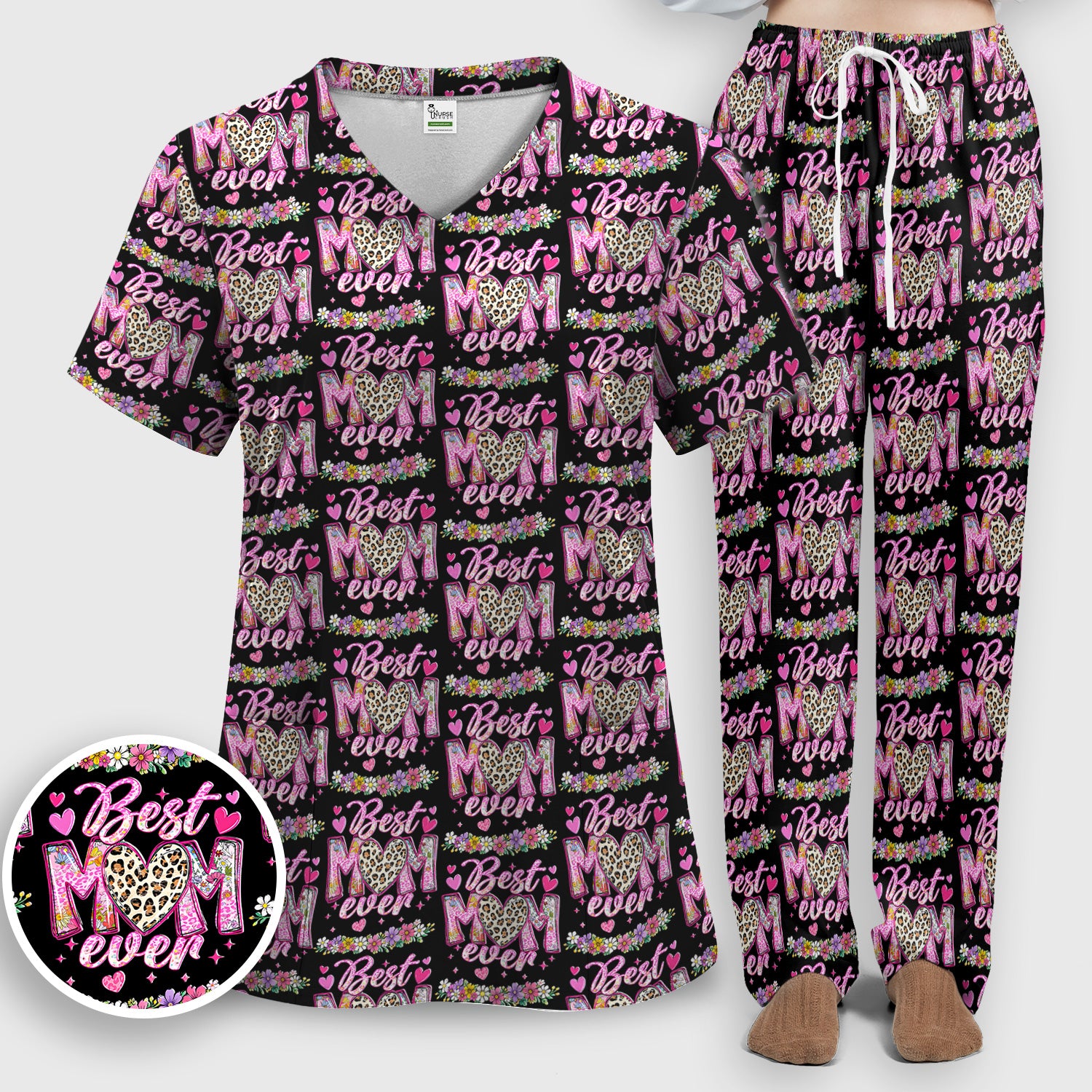 Best Mom Ever Leopard Heart Floral Pattern Scrub Set, Nurse Uniform Scrubs Set