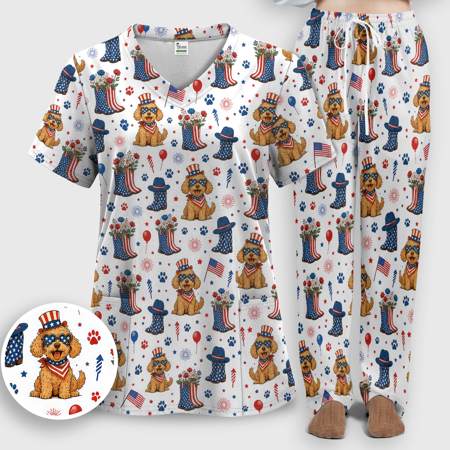 Patriotic Puppy Cowboy Boots Pattern Scrub Set, Scrub Pants and V Neck Top