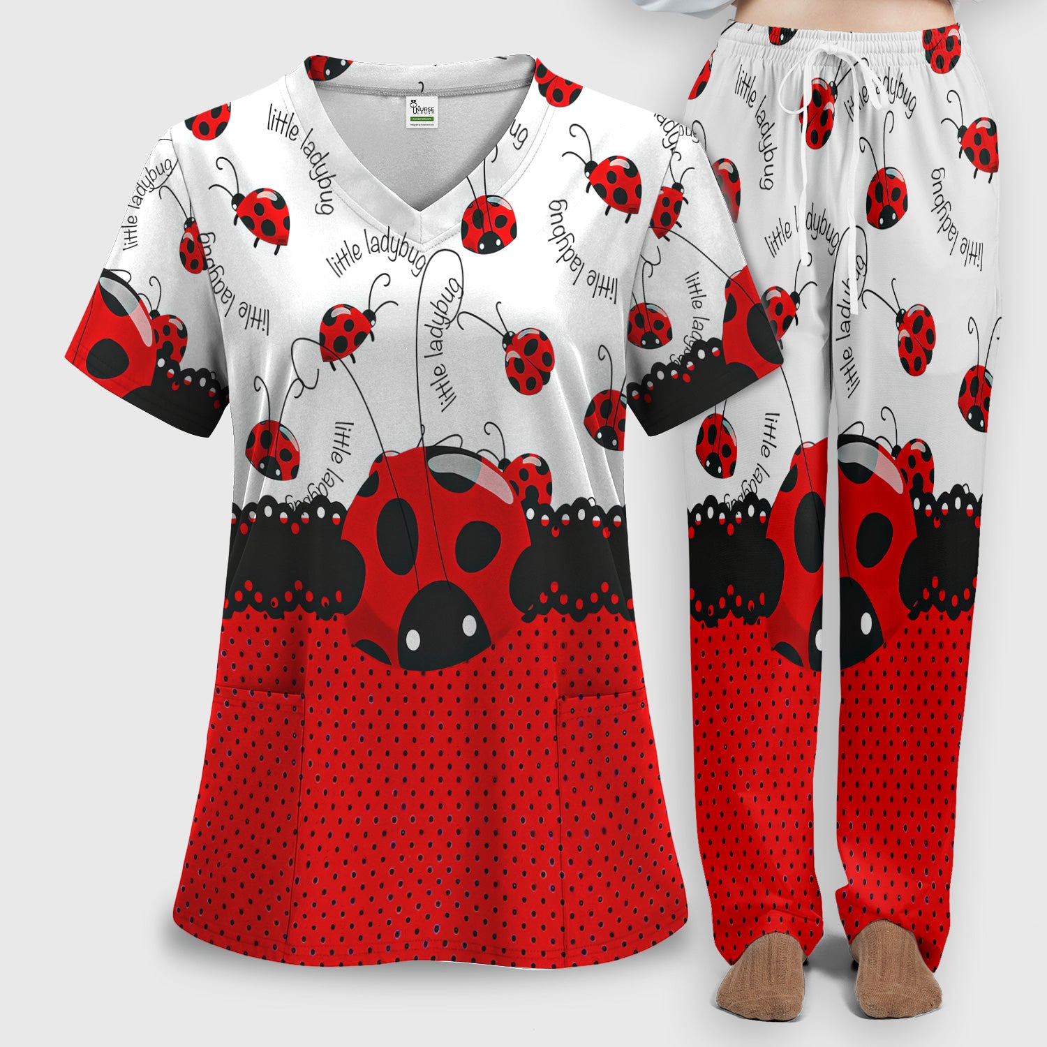 Cute Little Ladybug Polka Dot Pattern Scrub Set, Scrub Pants and V Neck Top