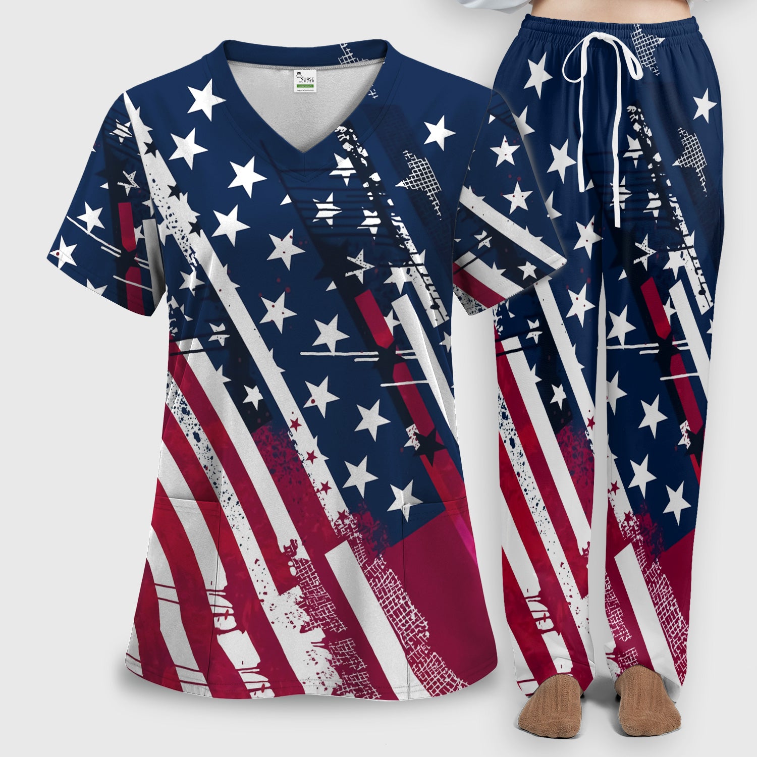 Patriotic USA Flag Stars And Stripes Grunge Pattern Scrub Set, Scrub Pants and V Neck Top