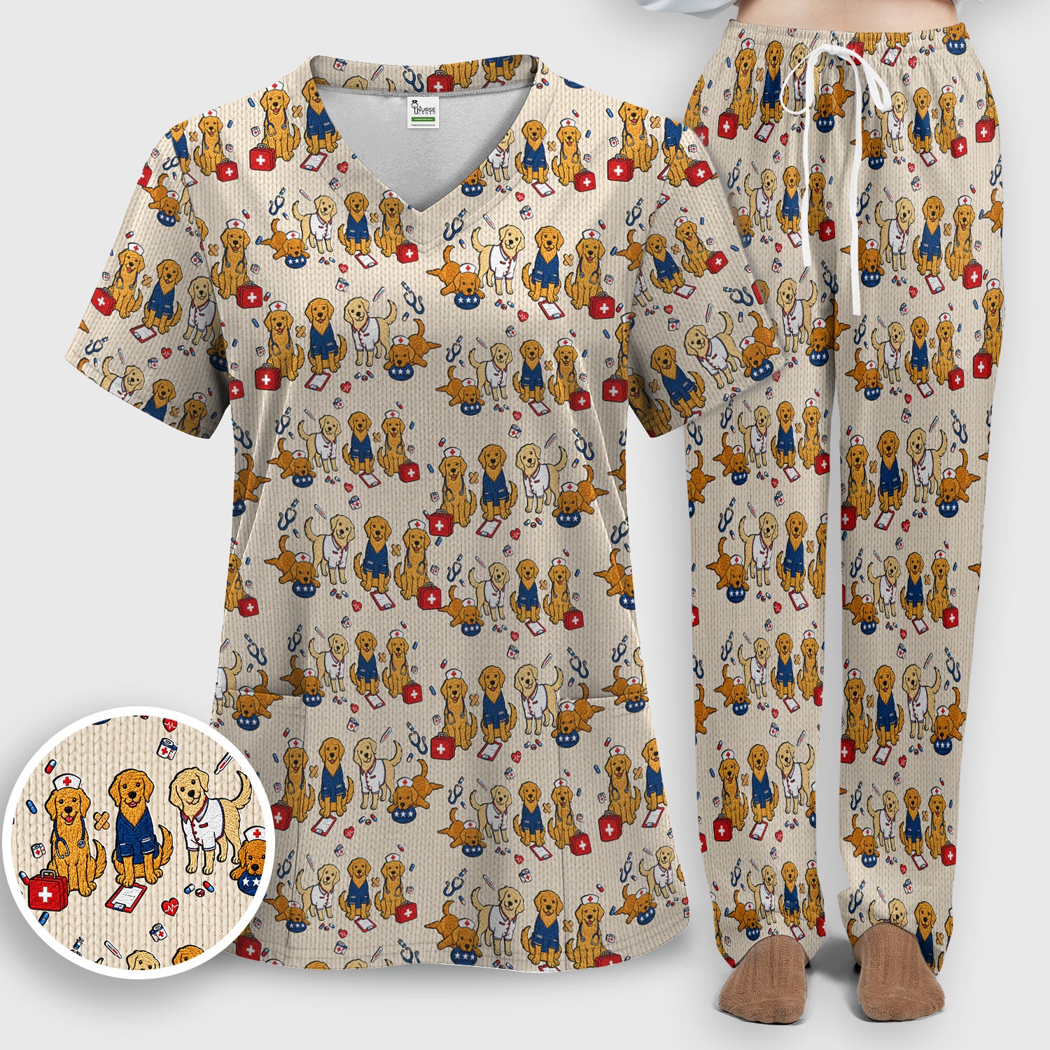 Golden Retriever Nurse Dog Pattern Scrub Top, Breathable Fabrics Nursing Uniform Scrub Set, Scrub Pants and V Neck Top