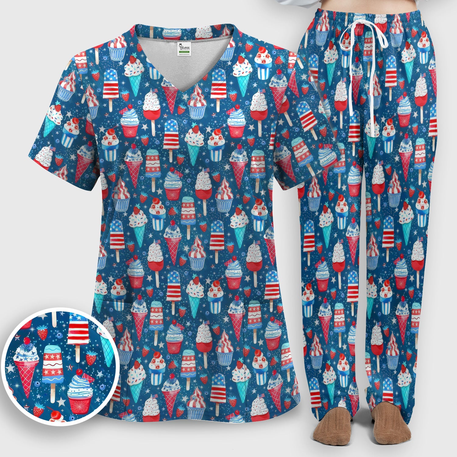 Cute Patriotic Ice Cream Popsicles With USA Flag Dessert Scrub Set, Scrub Pants and V Neck Top