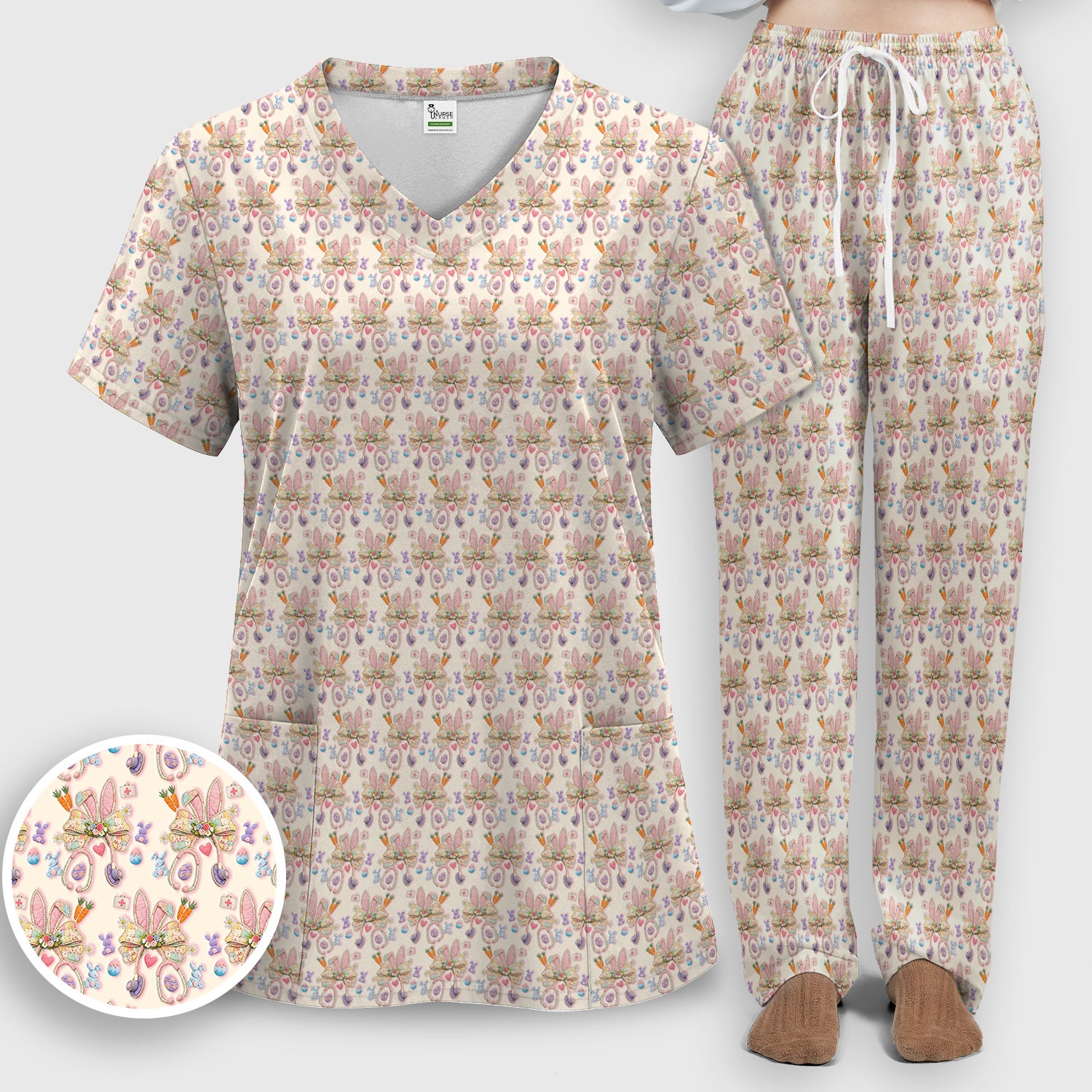 Easter Bunny Stethoscope Pastel Print Scrub Set, Scrub Pants and V Neck Top