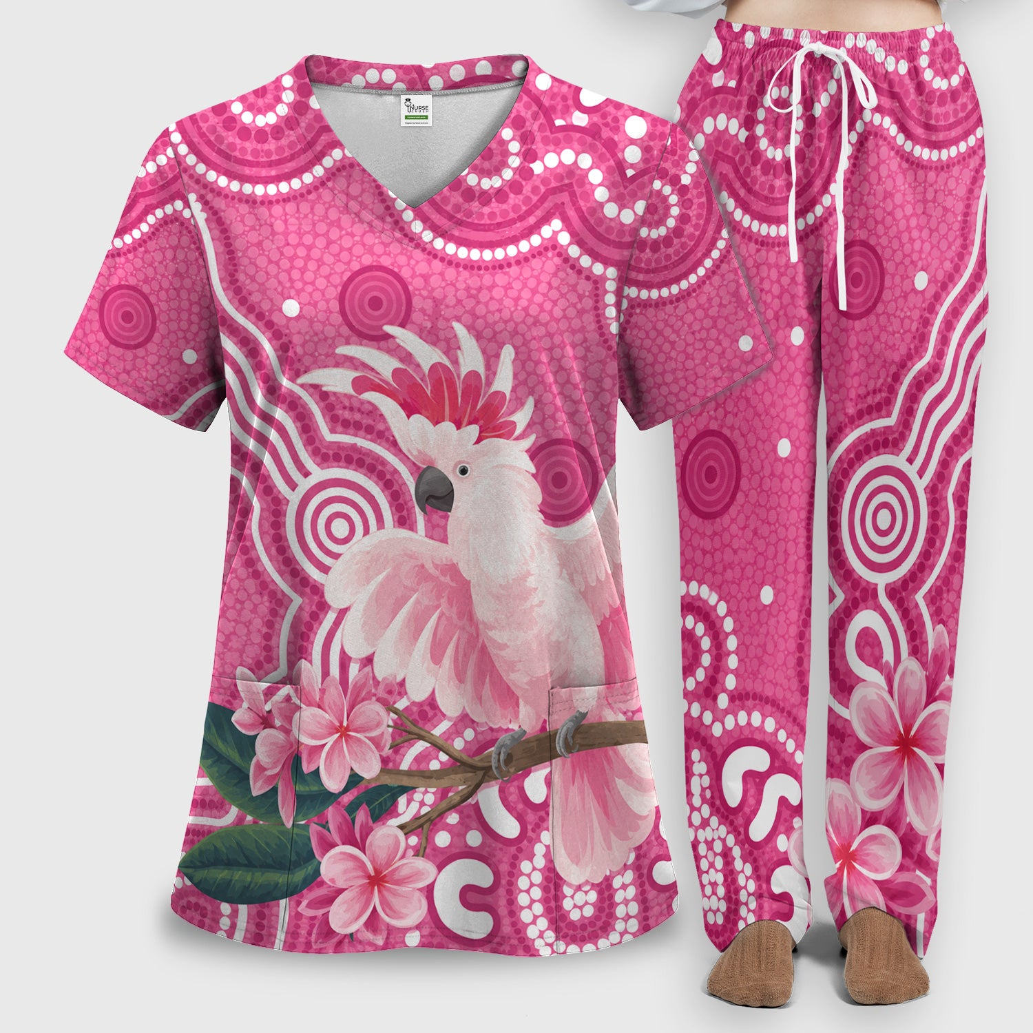 Pink Cockatoo Floral Dot Pattern Scrub Set, Scrub Pants and V Neck Top