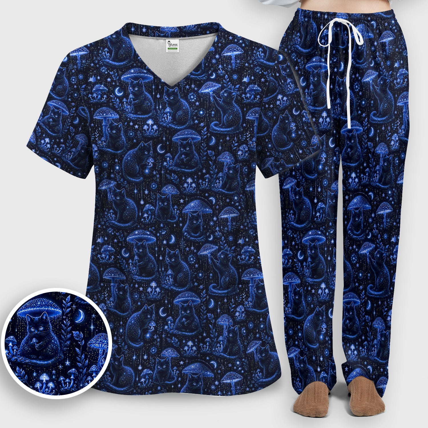 Celestial Black Cat Mushroom Pattern Scrub Set, Scrub Pants and V Neck Top