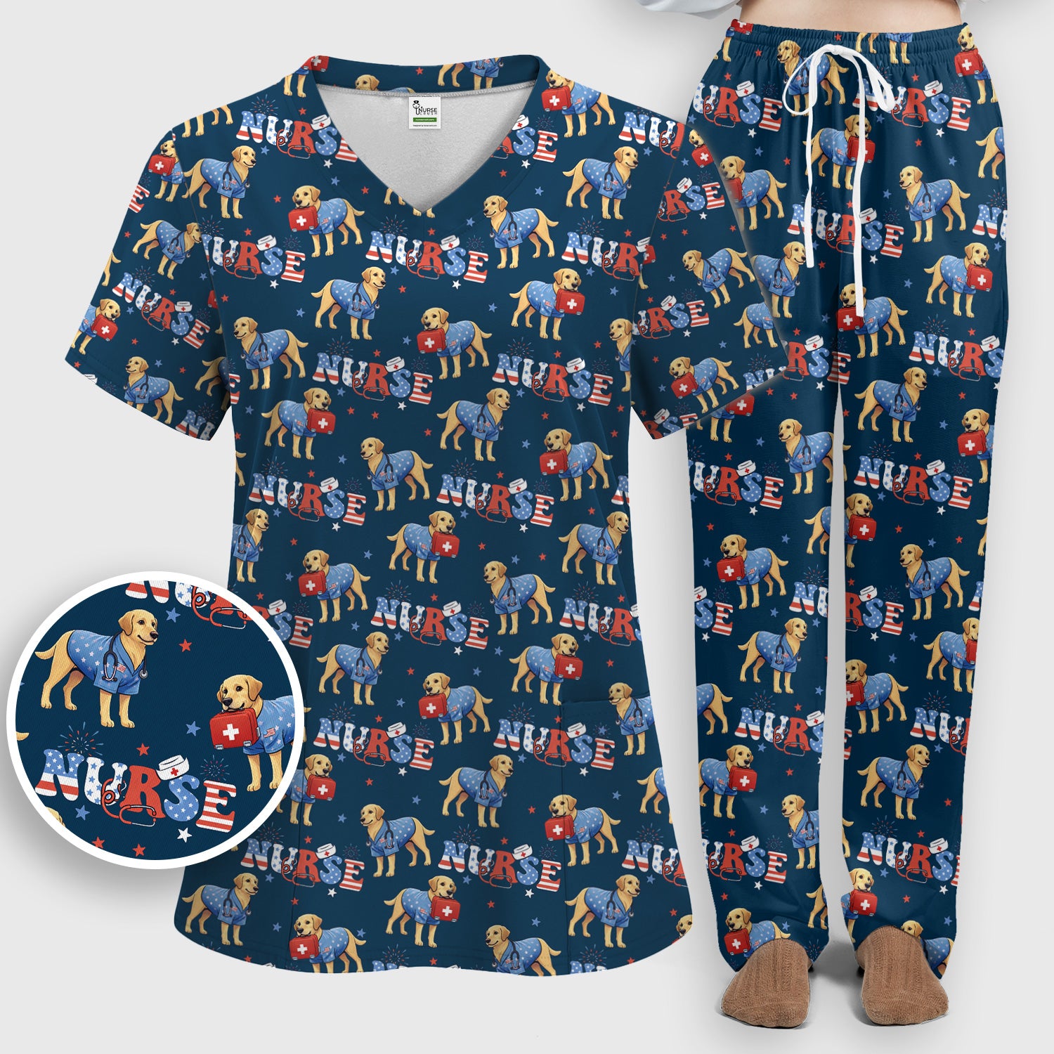 Patriotic Nurse Dog Medical Pattern Pattern Scrub Set, Women's Scrub Sets