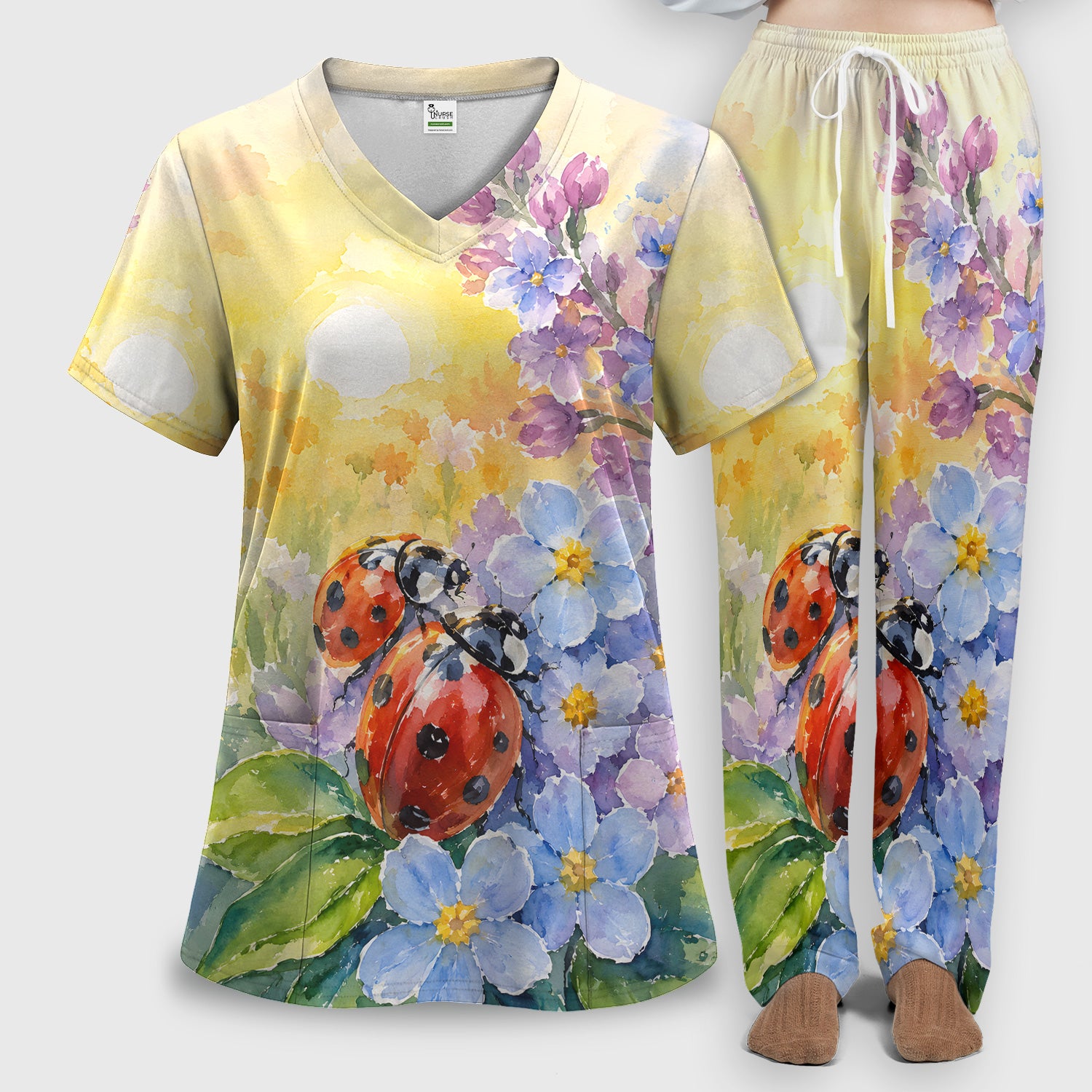 Ladybug Spring Flower Garden Print Scrub Set, Scrub Pants and V Neck Top