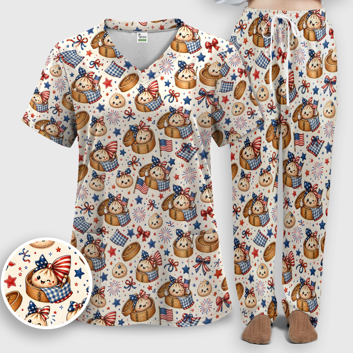 Patriotic Dumpling Nurse Pattern Scrub Set, Scrub Pants and V Neck Top
