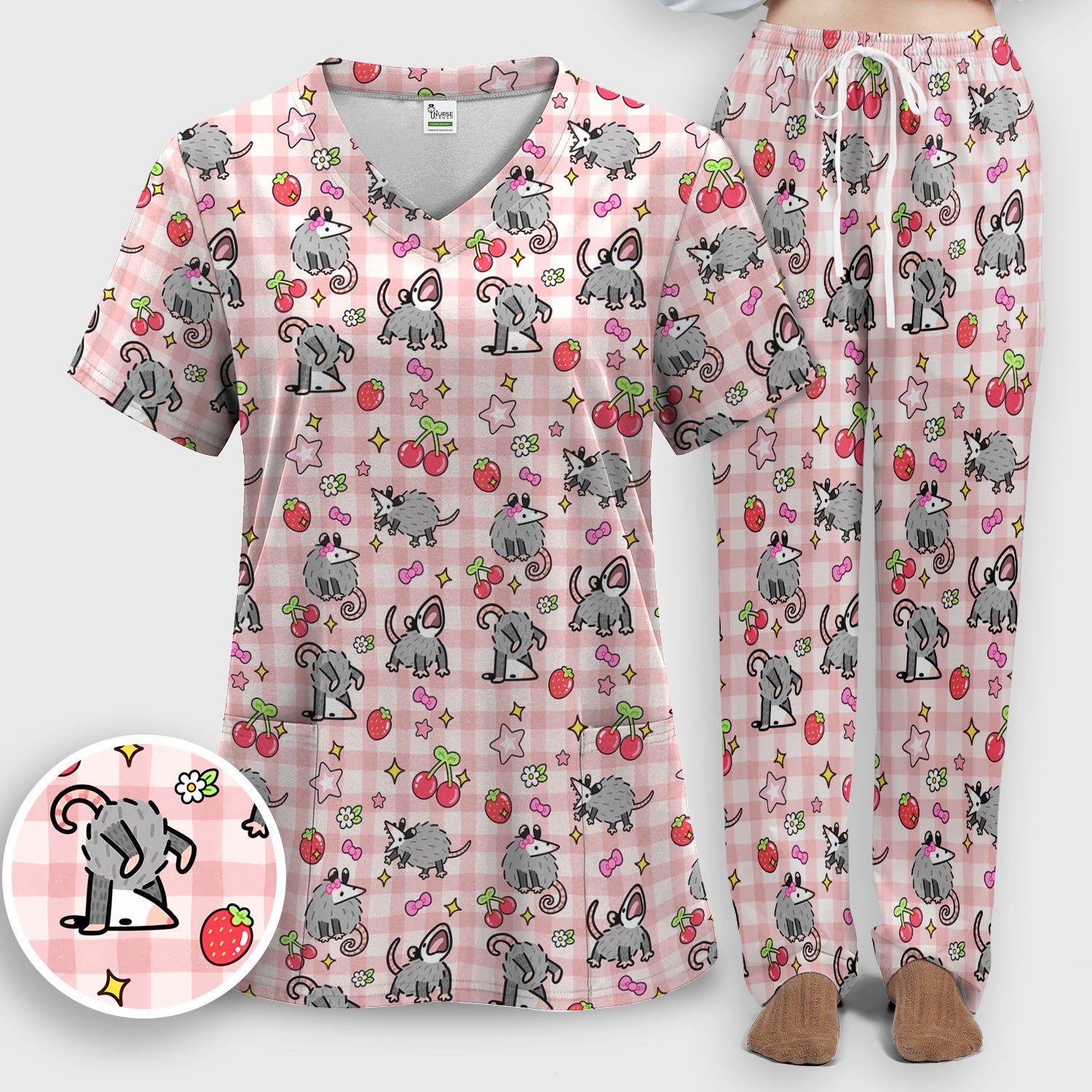Cute Opossum And Cherries Gingham Pattern Scrub Set, Scrub Pants and V Neck Top
