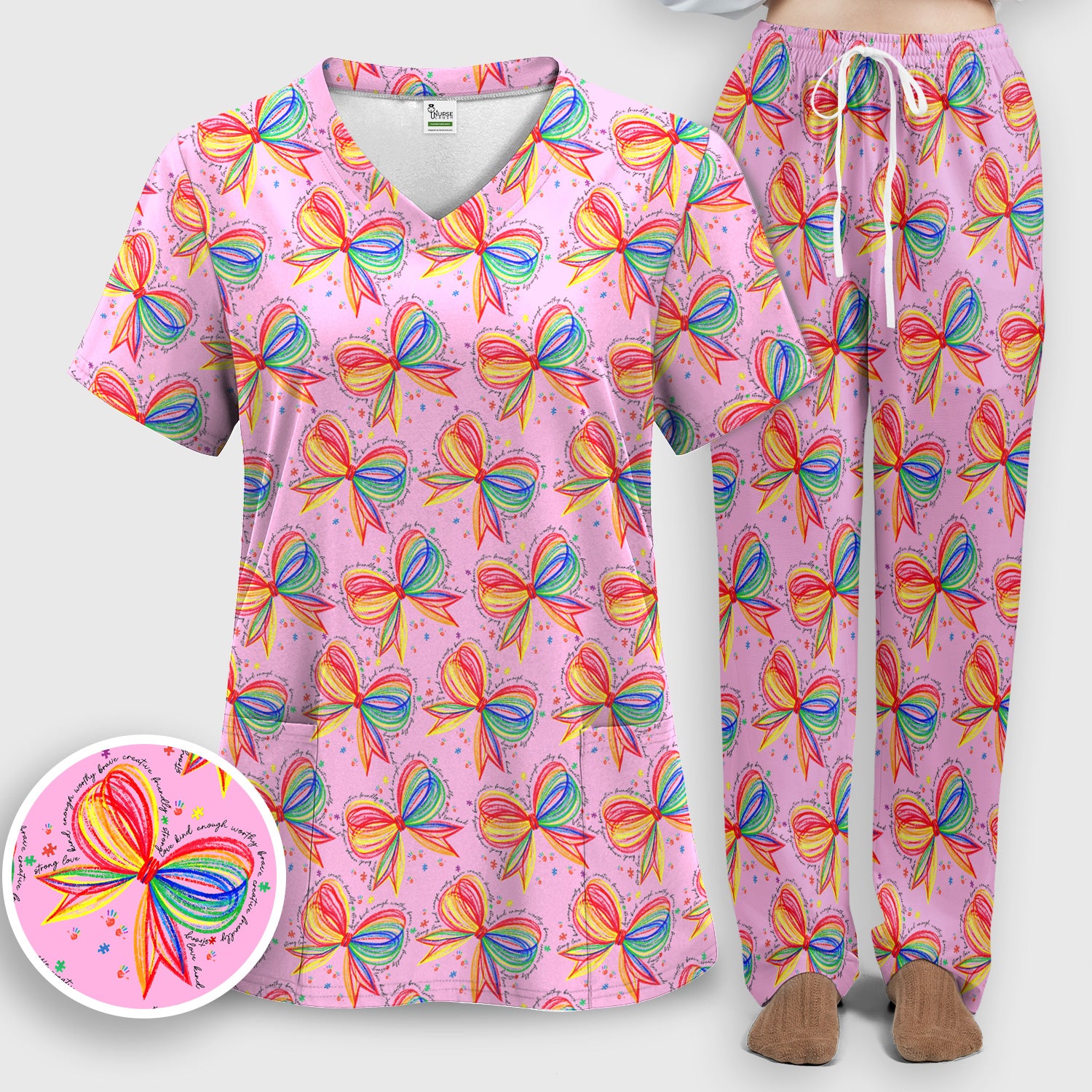 Colorful Rainbow Bow Pattern Scrub Set, Scrub Pants and V Neck Top