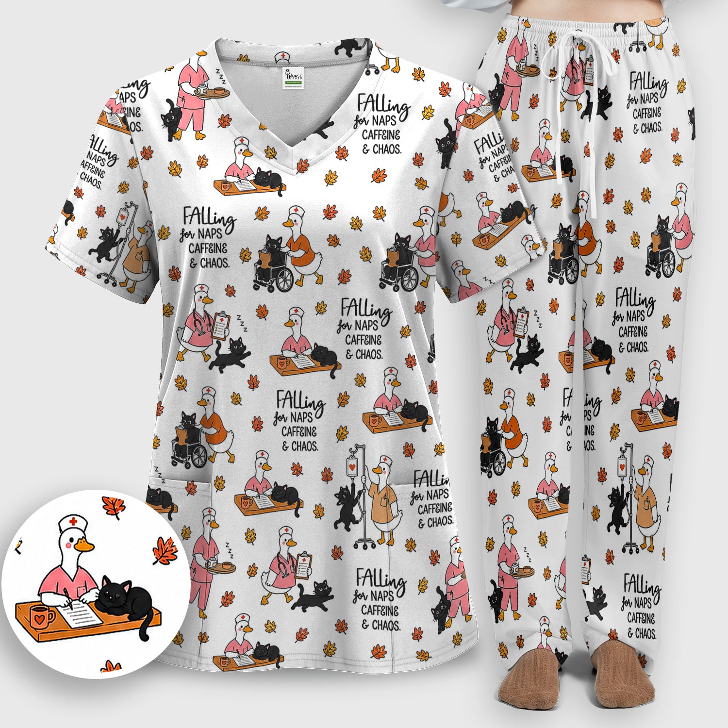 Funny Fall Nurse Goose And Black Cat Scrub Set, Scrub Pants and V Neck Top
