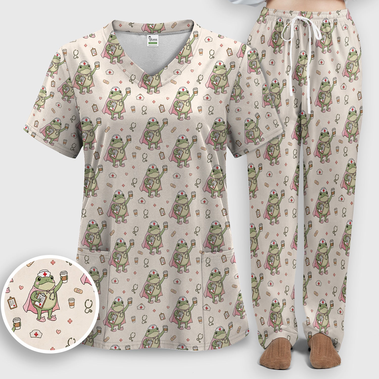 Cute Super Nurse Frog Pattern Scrub Set, Scrub Pants and V Neck Top