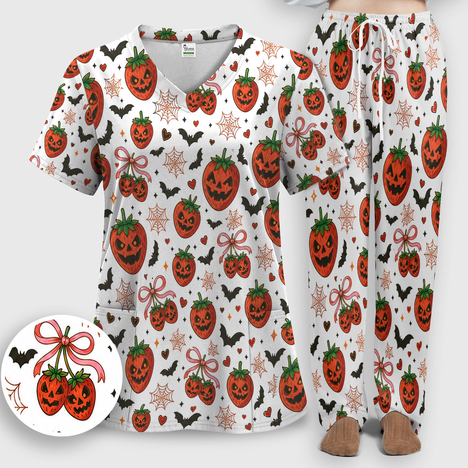 Sweet Halloween Strawberry Jack O Lanterns Scrub Set, Scrub Pants and V Neck Top