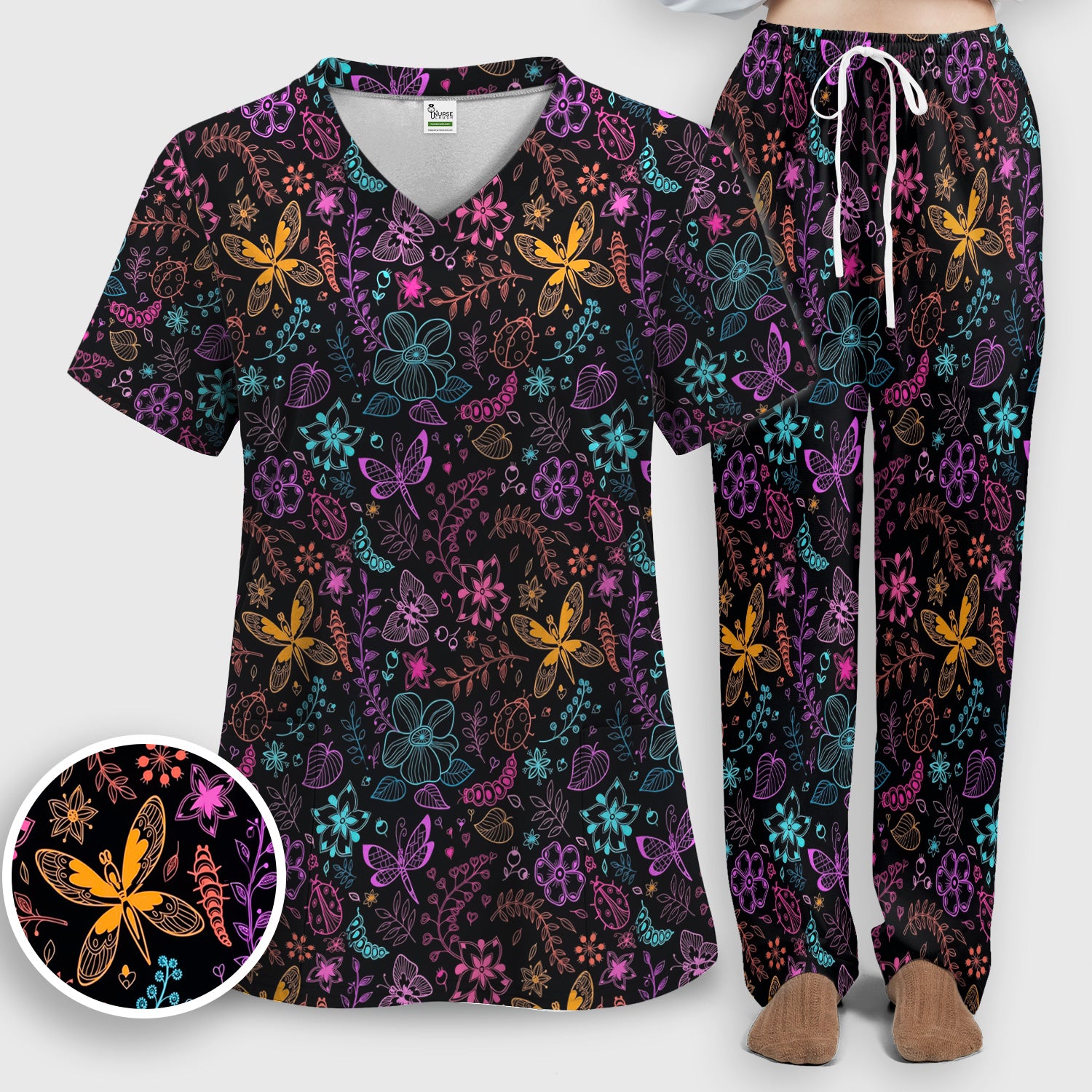 Neon Butterfly and Floral Garden Pattern Scrub Set, Scrub Pants and V Neck Top