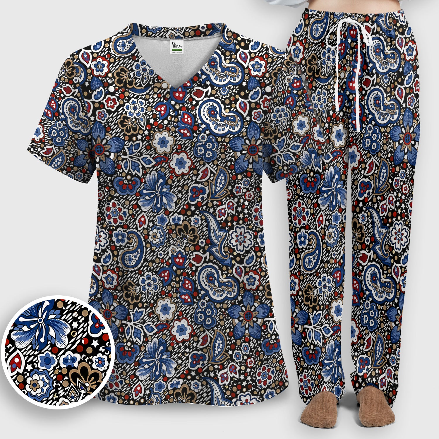 Classic Paisley Floral Pattern Scrub Set, Scrub Pants and V Neck Top