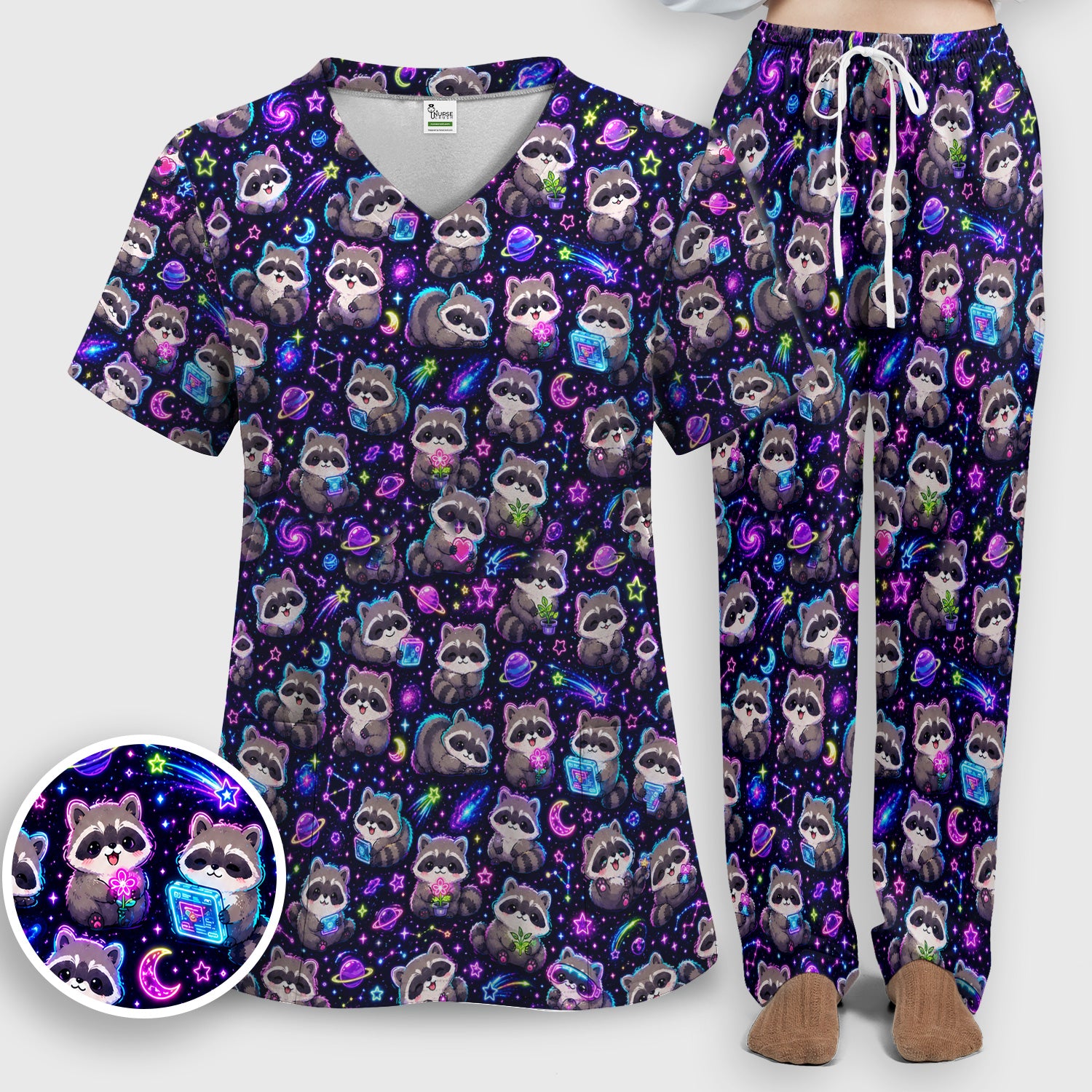 Neon Galaxy Raccoon Space Pattern Scrub Set, Scrub Pants and V Neck Top