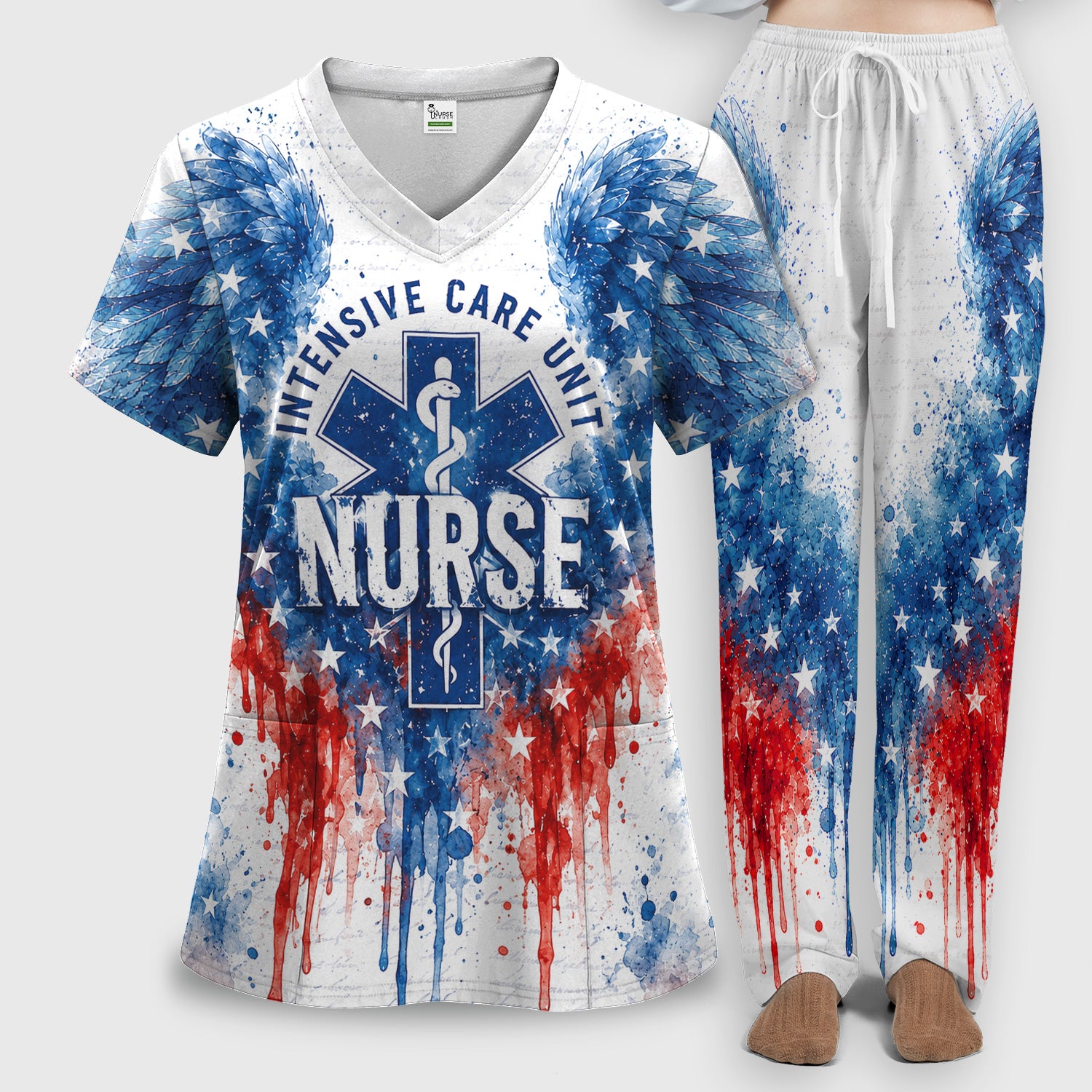 Patriotic Nurse Angel Wings Print Scrub Set, Scrub Pants and V Neck Top