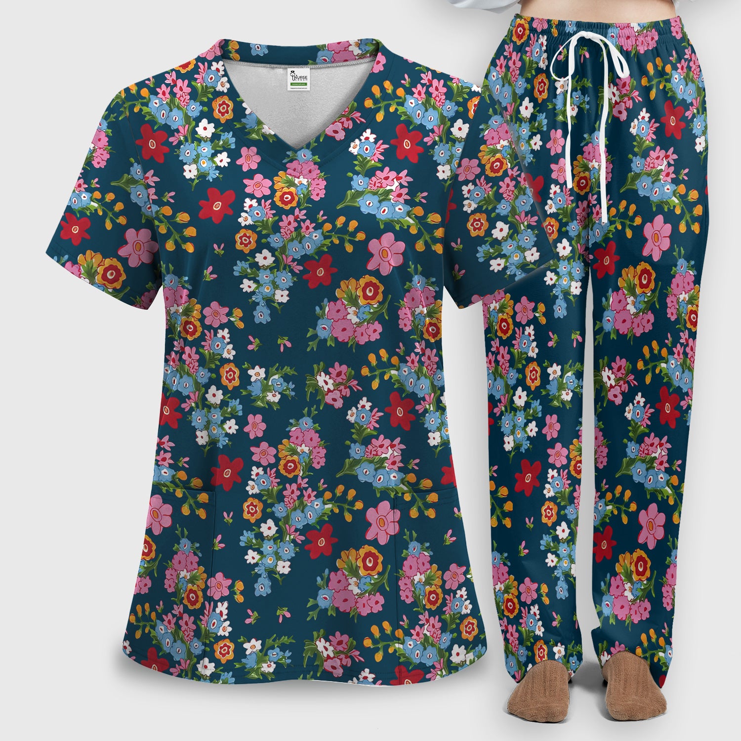 Charming Vintage Floral Bouquet Pattern Scrub Set, Nurse Uniform Scrubs Set