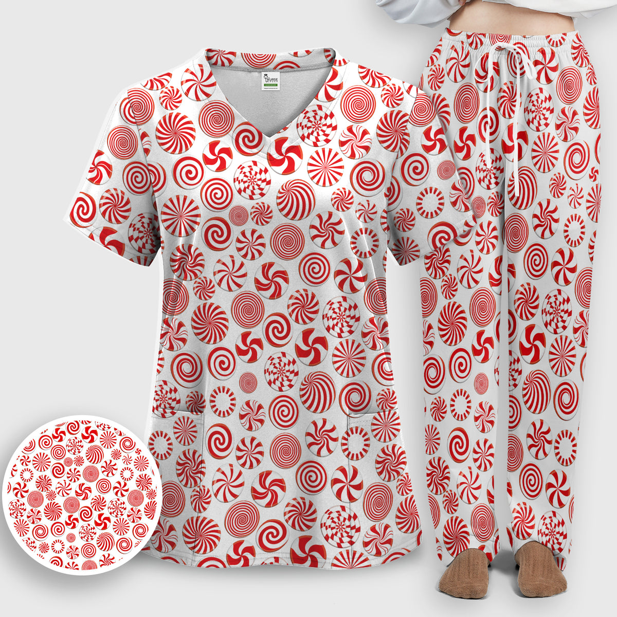 Christmas Peppermint Candy Pattern Scrub Set, Scrub Pants and V Neck Top