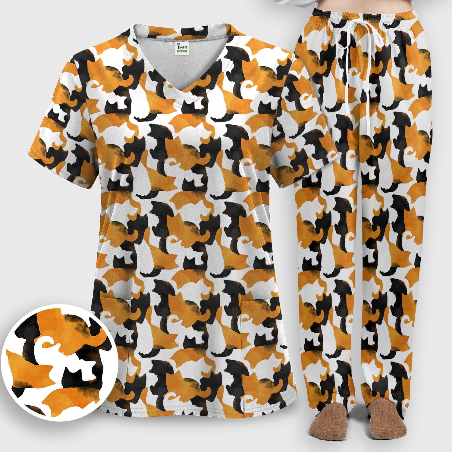 Calico Cat Silhouette Pattern Scrub Set, Scrub Pants and V Neck Top