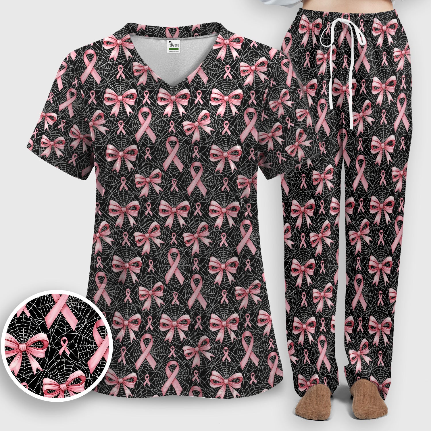 Pink Ribbon Pattern Scrub Set, Scrub Pants and V Neck Top